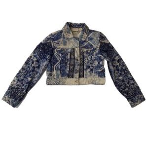 Chico's Women's Sz 0 blue White Beaded Mixed Artisan Pattern Jean Cropped Jacket